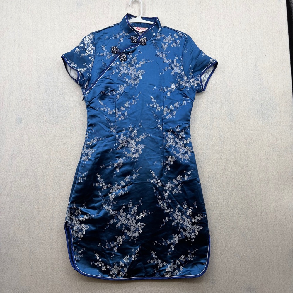 Pearl River Mart Blue Satin Floral Cheongsam Qipao Dress Size 36 Mandarin Collar